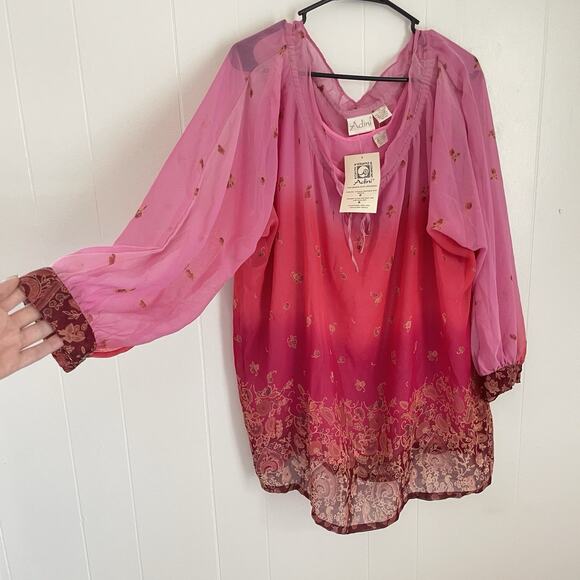 Adini 3X Boho Sheer Tunic Top Pink Ombre Floral Batik India Festival Hippie NWT - Picture 3 of 9